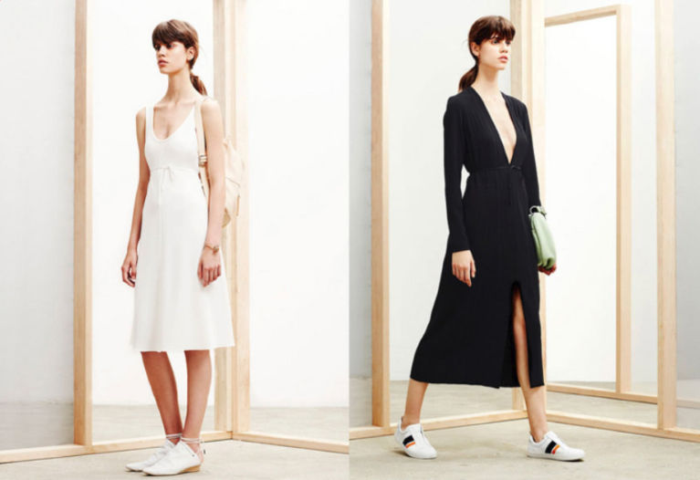 left: white dress with short sleaves, right: black dress with long sleave